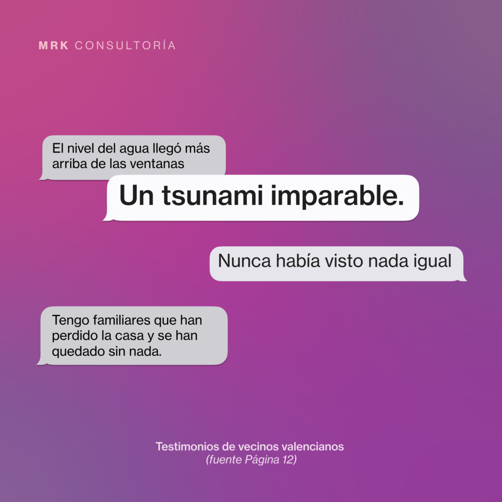 imagen con textos de personas. Un tsunami imparable. El nivel de agua llegó hasta las ventanas. nunca había visto nada igual. Tengo familiares que han perdido la casa y se han quedado sin nada